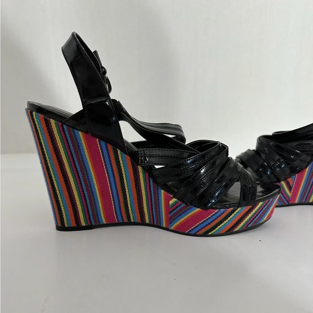 Westies Black Multicolored Stripe Platform Wedge Sandals Size 9 Bohemian Y2K